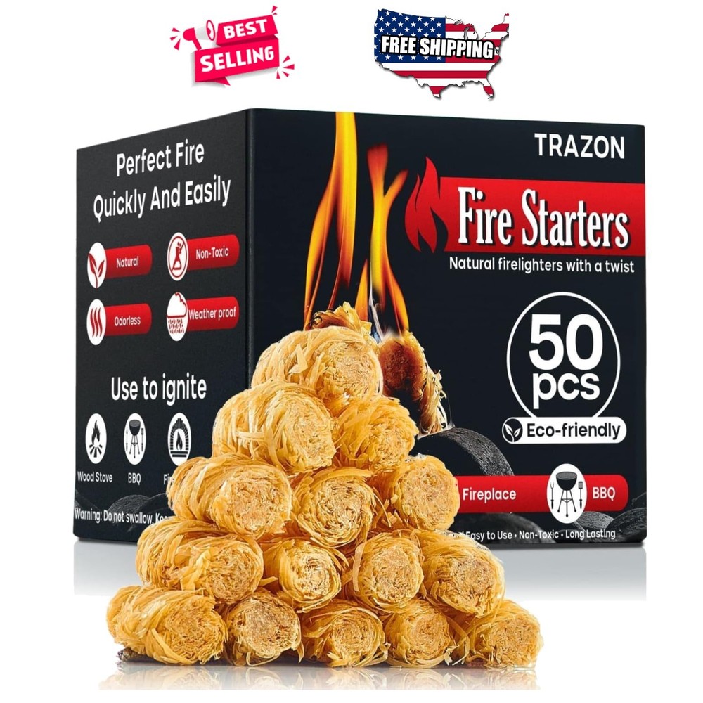 Natural Wood Fire Starters 50pcs for Charcoal Grill, Fireplace, Outdoor, Indoor