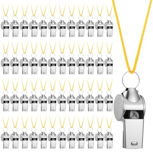 48PCS Stainless Steel Sports Whistles with Black Lanyard – Loud Crisp Gold Rope