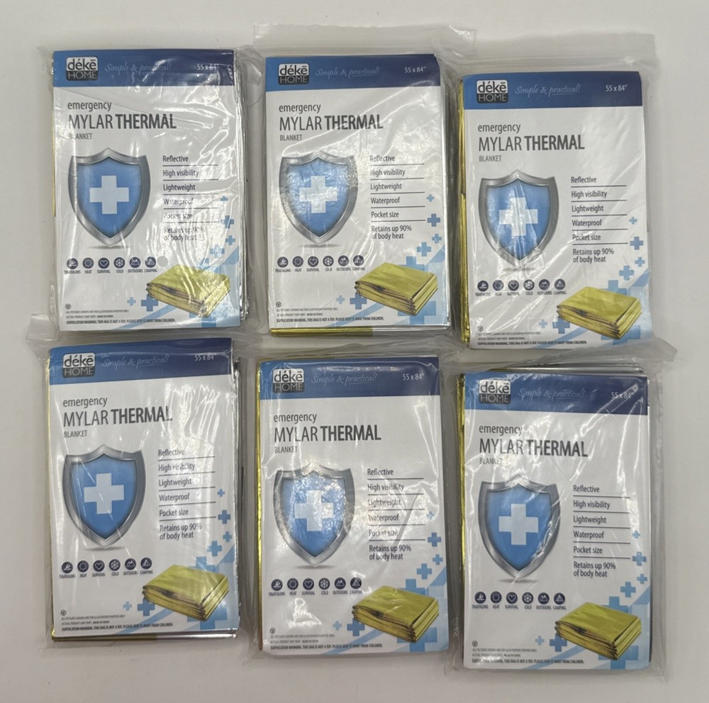 6 Pack Emergency Mylar Thermal Blankets 55x84” Pocket Size Travel Outdoors Cold