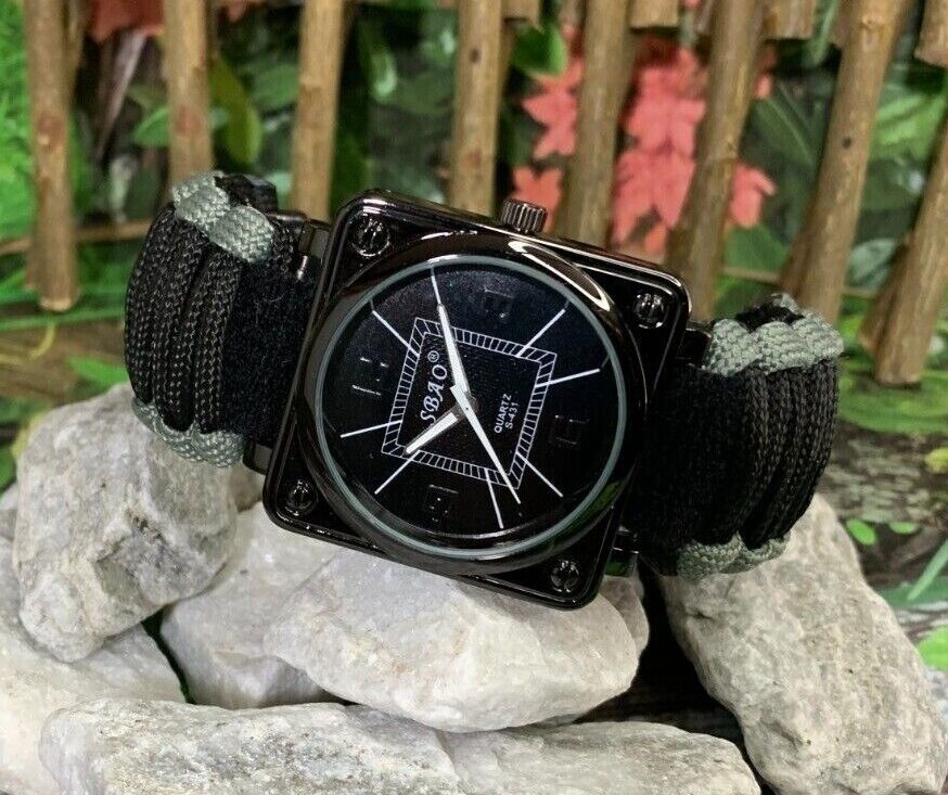 Black Gray Adjustable Survival Paracod Analog Watch Fire Scraper Whistle