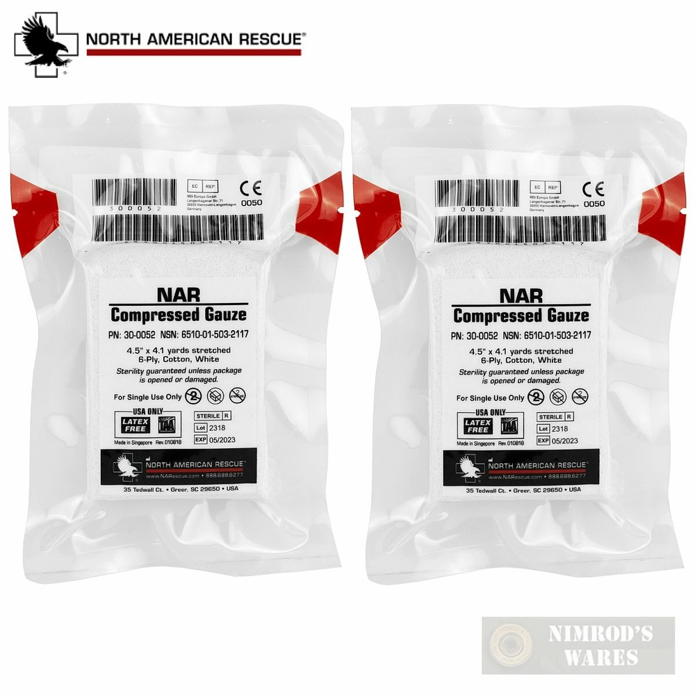 2-PACK NAR Compressed GAUZE 4.5″ x 4.1yds. 6-ply Cotton First Aid 30-0052