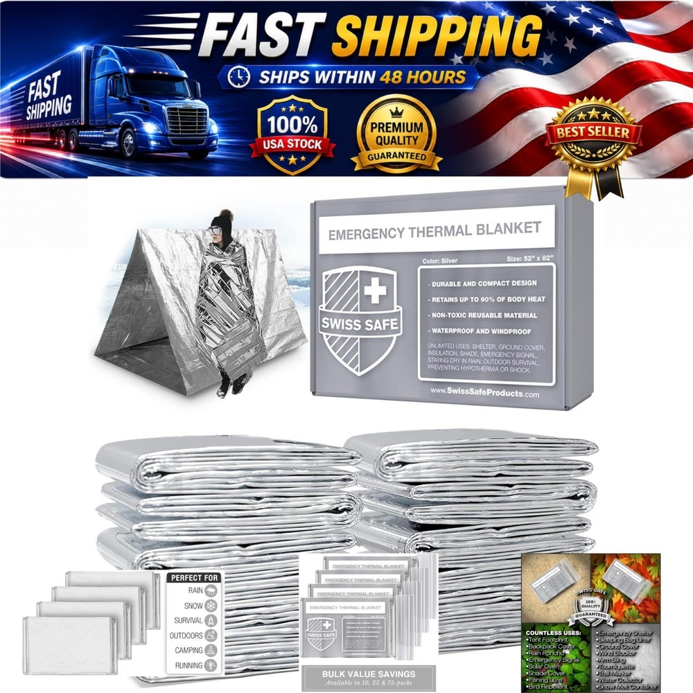 Swiss Safe Emergency Mylar Thermal Blankets 25 Pack Silver Survival