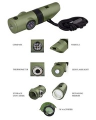 7in1 Camping Survival Whistle Compass Thermometer LED Flashlight Fire Magnifier