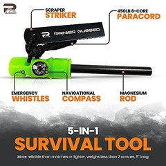 Rainier Rugged 5-in-1 Glow-in-The-Dark Fire Starters Kits with Compass, Signal