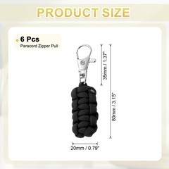 Paracord Zipper Pull, 80 mm Length for Backpacks – Cylinder (6 Pack, Black)
