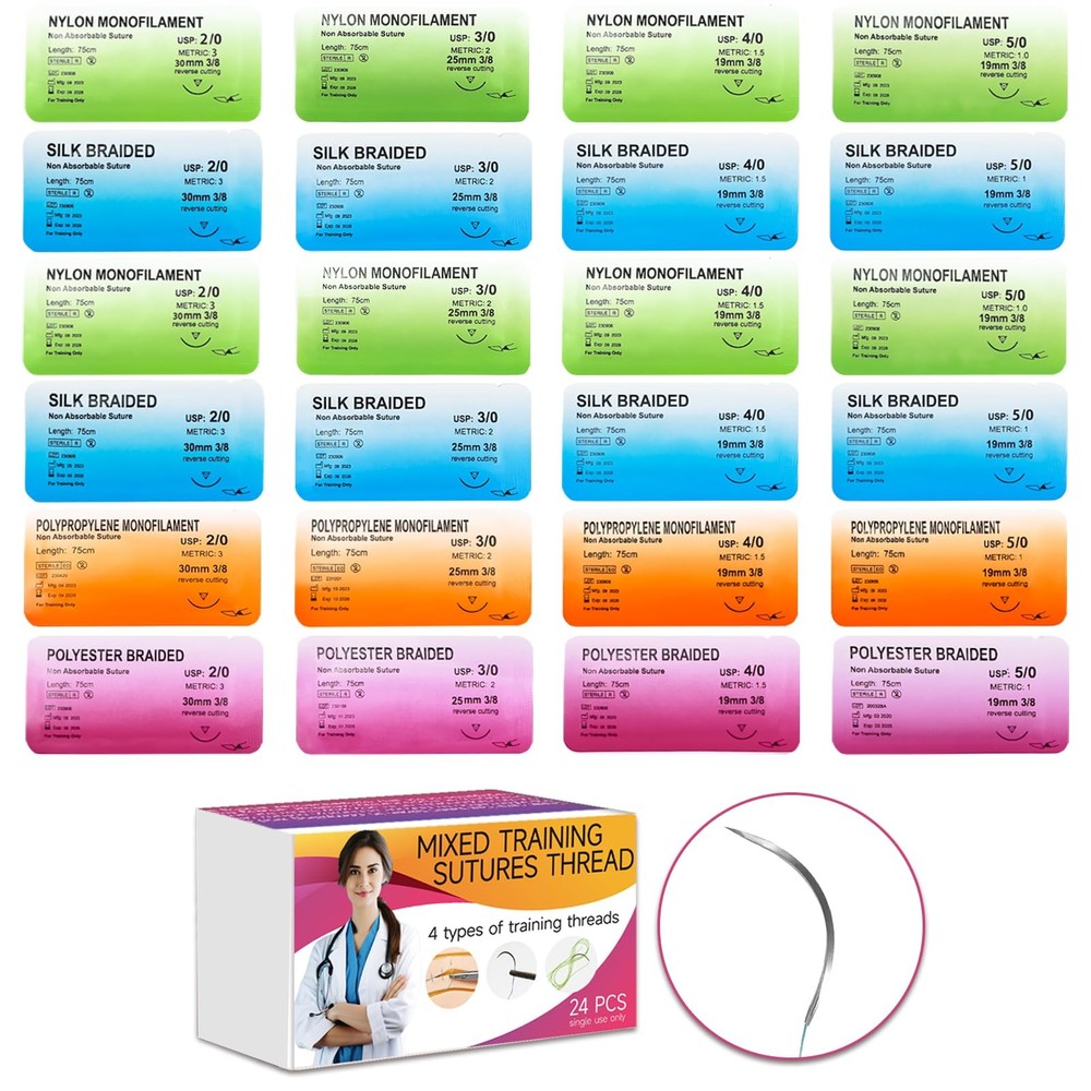Sutures Thread with Needle (24 Mixed 2/0, 3/0, 4/0, 5/0) – Practicing…