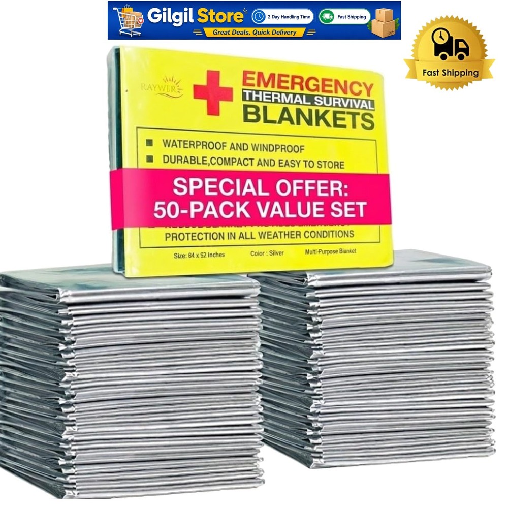 Large Silver Mylar Emergency Blankets 84×52 – 50 Pack for Camping & Hiking