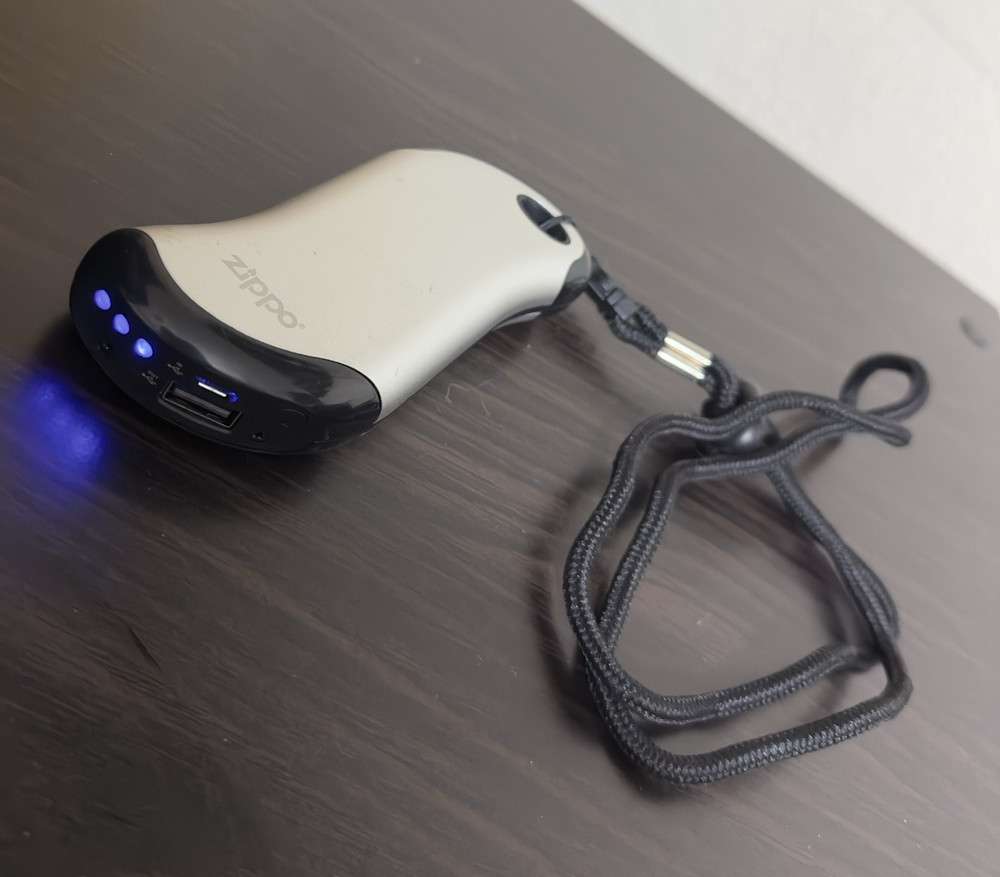 Zippo Rechargeable Electric Hand Warmer Power Bank Silver/Black w/ Lanyard