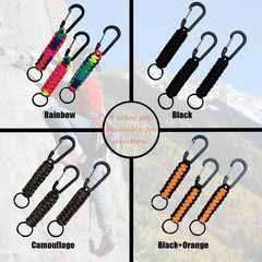 3 Pack Carabiners with Paracord Strap – Black Metal Key Ring Keychain Hook – D-L