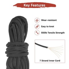 1PCS 4 mm 10FT Guyline Camping Paracord 7 Strands for Camping Tents, Black