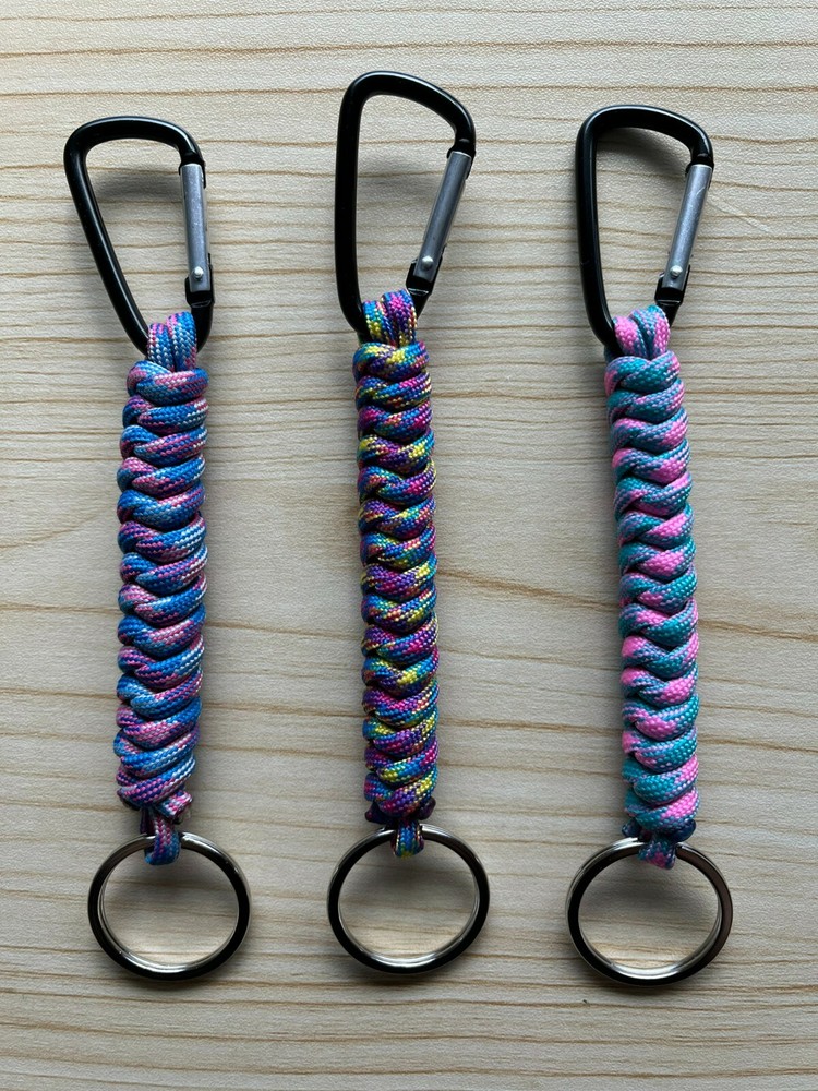 Set of Three, Survival Paracord Lanyard Keychains w/Carabiner – Mix Pink/ Blue