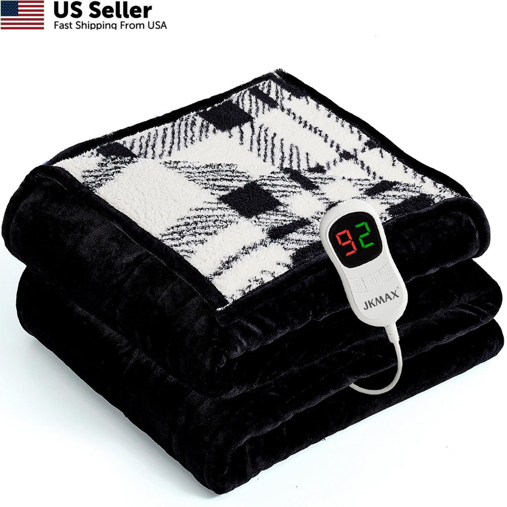 JKMAX Heated Electric Blanket Full Size – 72″x84″ Flannel 72×84, Black