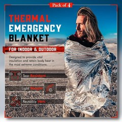 Emergency Blanket 4-Pack Space Mylar Blankets Survival Gear and Supplies Reusabl