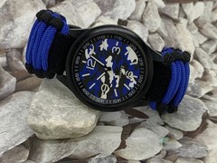 3 in 1 Survival Blue Black Camo Analog Watch Adjustable Paracord Strap Whistle