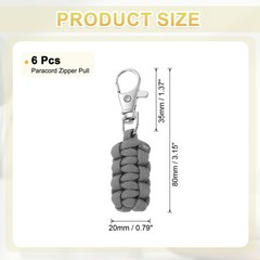 Paracord Zipper Pull, 80 mm Length for Backpacks – Cylinder (6 Pack, Gray)