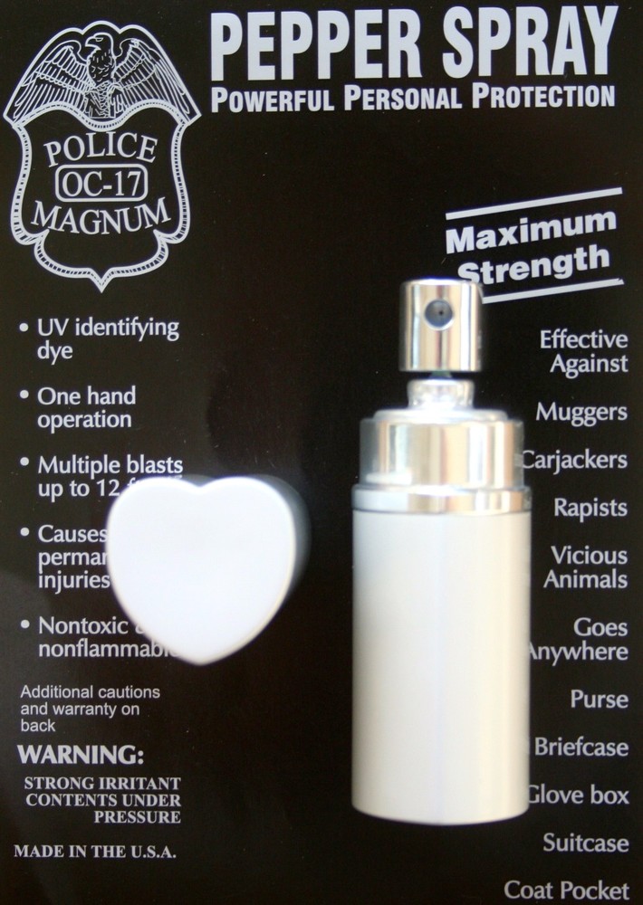 Police Magnum .75oz Silver Heart Lipstick Pepper Spray Safety Defense Protection