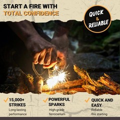 Ferro Rod Fire Starter Kit with Fatwood Tinder Stick – 3/8″ Thick Ferrocerium…