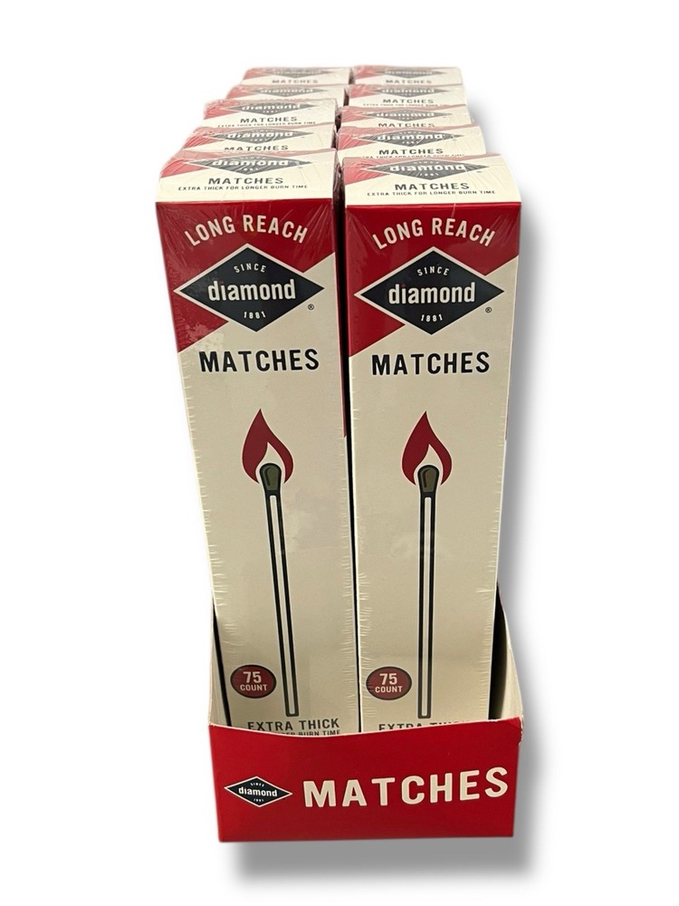 Lot of 10 Diamond Long Reach Matches, Large Strike On Box Matches (750 Total)