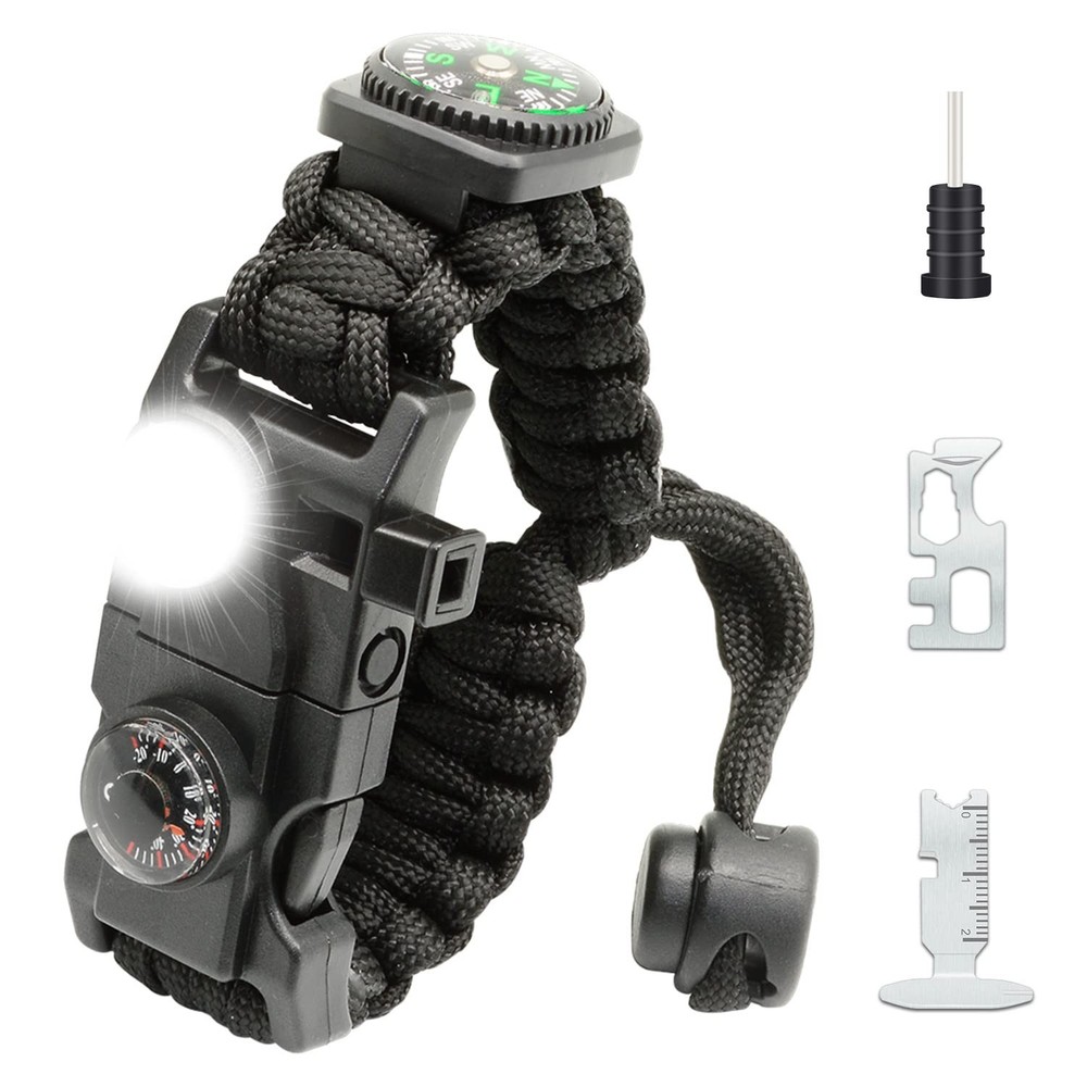 Survival Paracord Bracelet Kit, Fire Starter, Compass, Whistle, LED Light, Black