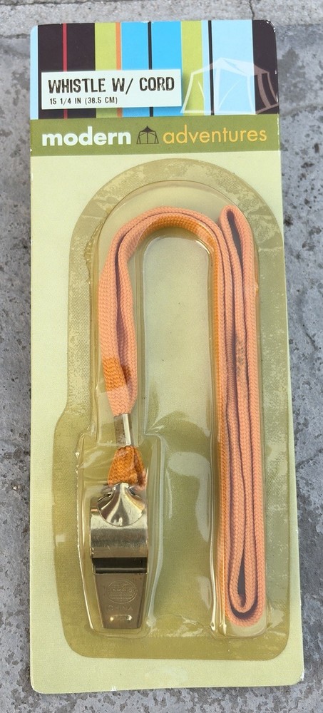 Vintage 2004 Modern Adventures Metal Emergency Whistle w Cord NOS Camping Hiking