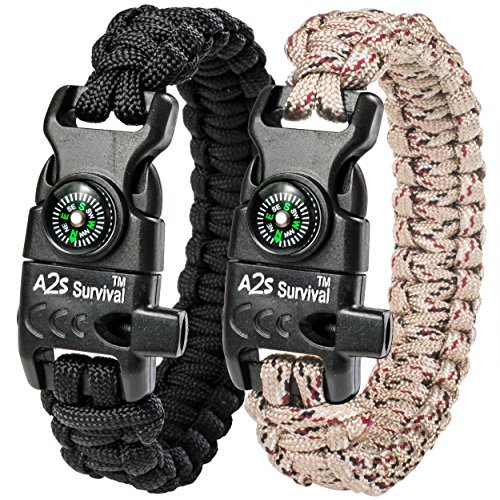 2 Pack Paracord Bracelet with Embedded Compass Fire Starter Camping Hiking Kit