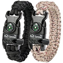 2 Pack Paracord Bracelet with Embedded Compass Fire Starter Camping Hiking Kit