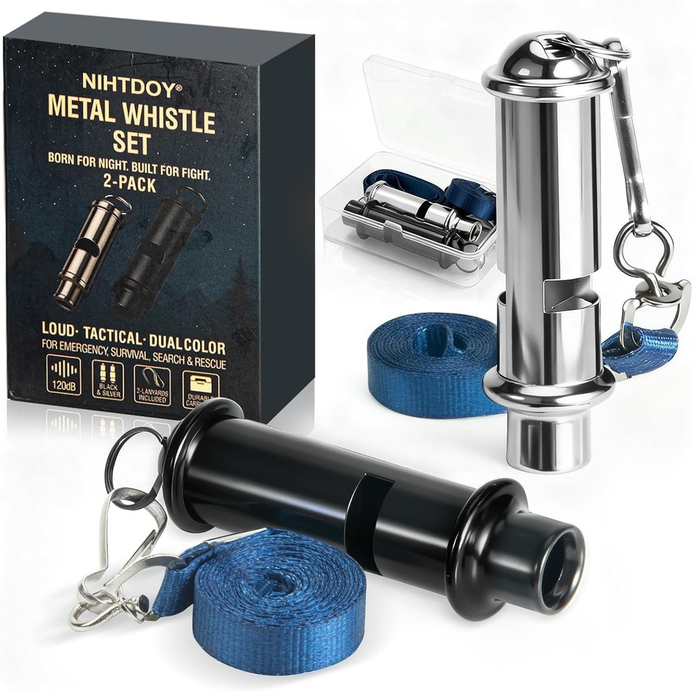 120dB Emergency Whistles 2 Pack, Solid Iron, Black & Silver | Pealess design,