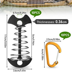 10PCS Black Fishbone Deck Anchor Pegs with Carabiners, Aluminium Deck Tie down T