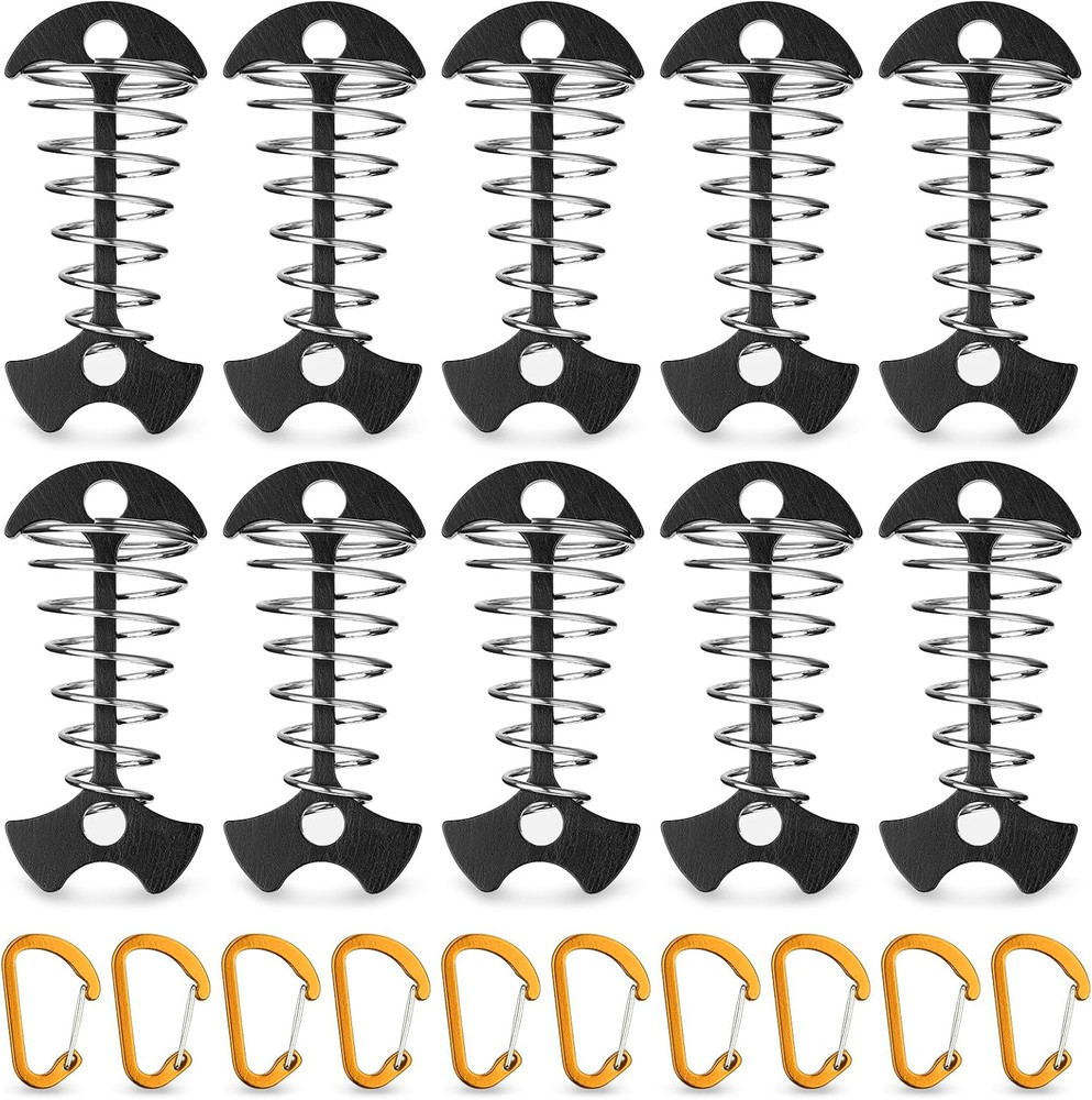 10PCS Black Fishbone Deck Anchor Pegs with Carabiners, Aluminium Deck Tie down T