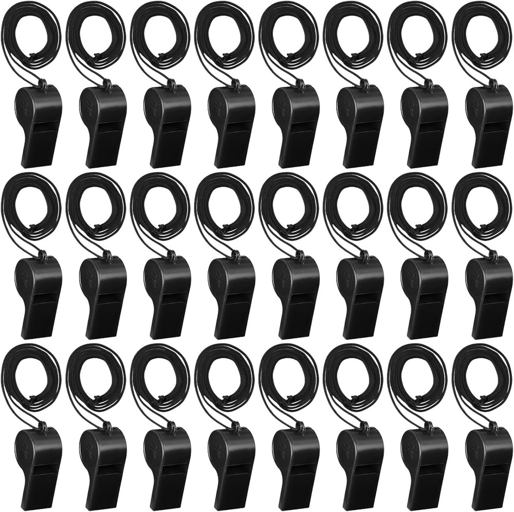 Black Emergency Whistles with Lanyard, Loud Crisp Sound Plastic Whistles Bulk