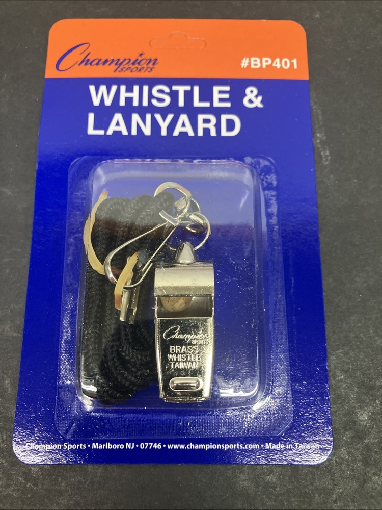 Vintage Champion Sports Whistle Silver Brass Black Nylon Lanyard BP401 New NOS