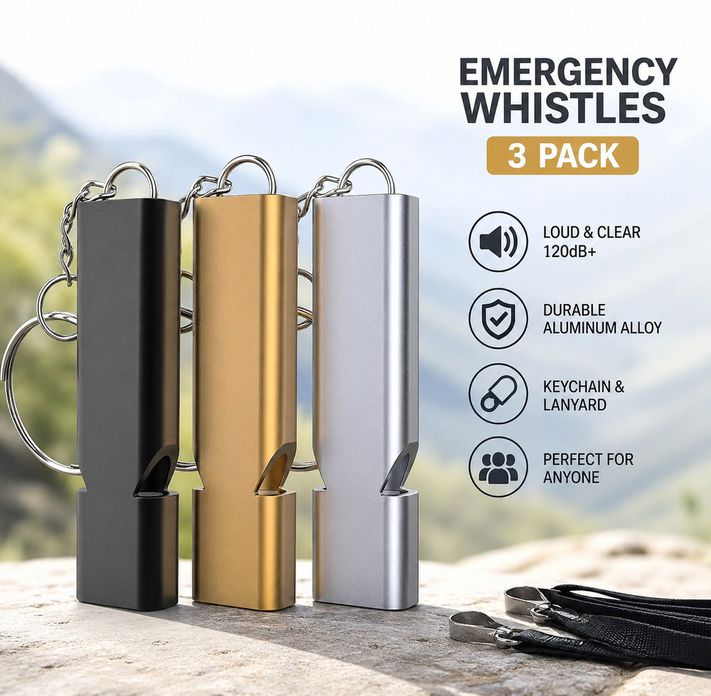 3-Pack Double Tube 120dB Emergency Survival Loud Whistle w/ Lanyards Keychain