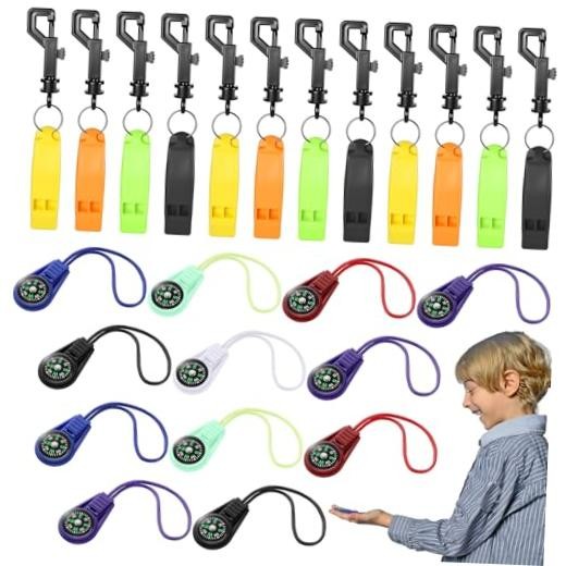 Relaxweex 24 Pcs Compass and Whistle Sets for Kids 12 Mini Hiking Pocket