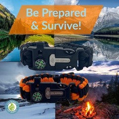 133 SUPPLY 2 PK Survival Paracord Bracelet Compass Hiking Whistle Fire Starter