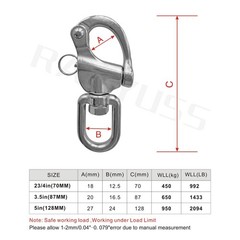 Pair of 3.5in87mm Swivel Eye Snap Shackle Quick Release Bail Rigging Sailing …