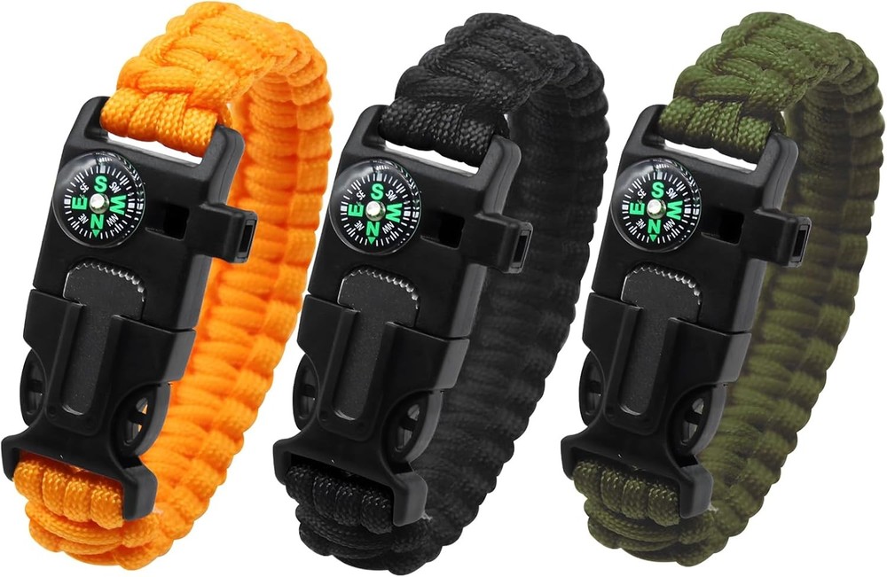 Survival Bracelet Set 3 Pack with Compass & Whistle, Camping, Hiking Emer