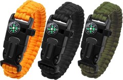 Survival Bracelet Set 3 Pack with Compass & Whistle, Camping, Hiking Emer