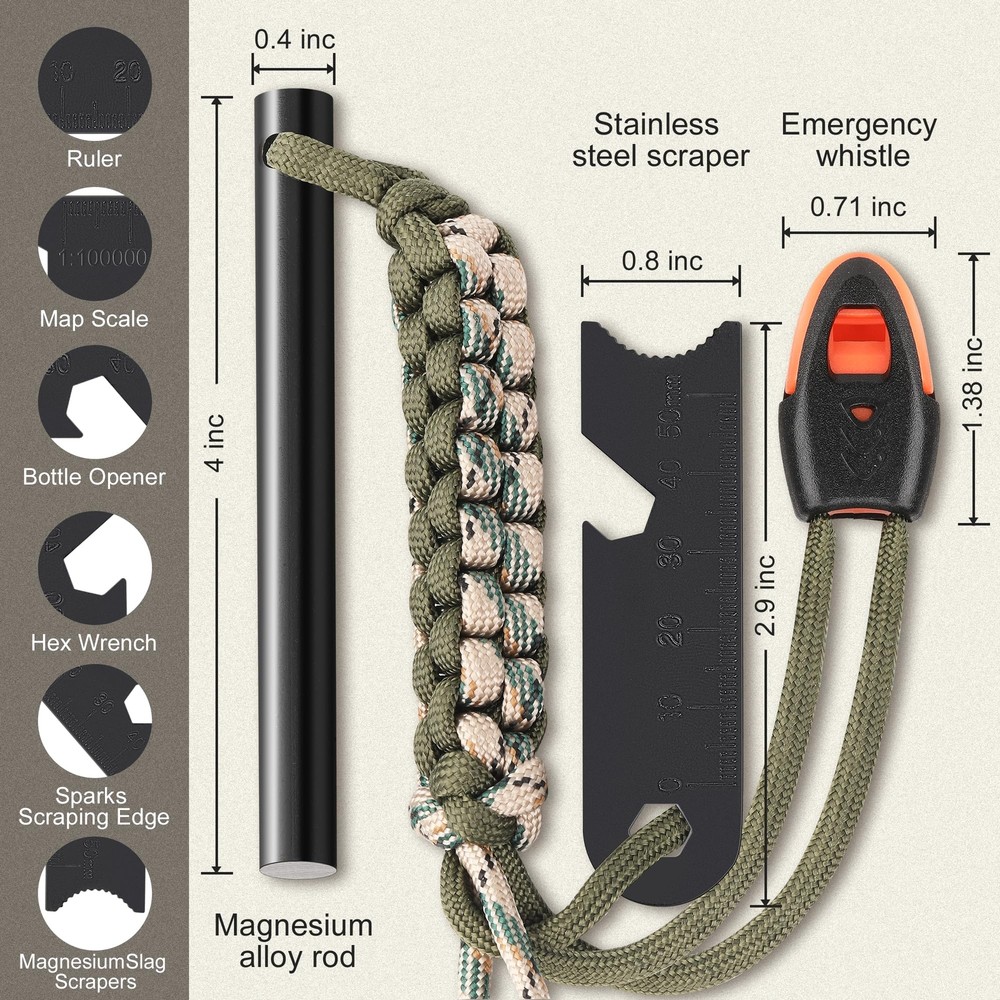Survival Fire Starter, 4 Inch Ferro Rod, Flint for Hiking and Camping