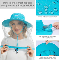 Boonie Sun Hat with Concealable Mesh Net and Neck Flap, Water Resistant Light Sk