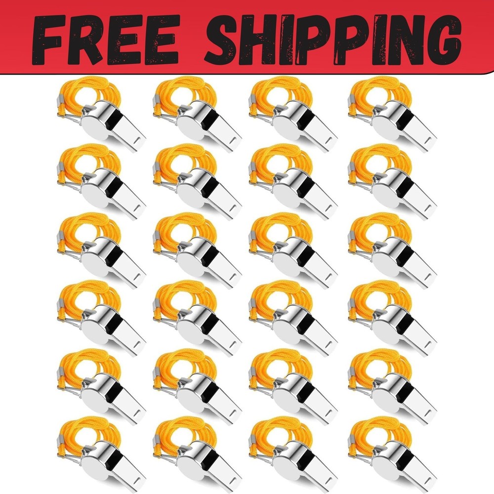 24-Pack Stainless Steel Whistles with Lanyards – Loud, Clear Sound for Coaches,
