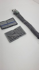 Paracord Survival Hiking Bracelet and 2 American Flag patches, blueline/blackout