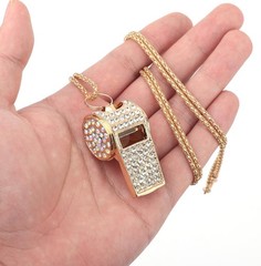 2Pcs Bling Whistle Necklace Crystal Rhinestone Loud Metal Whistle with Chain