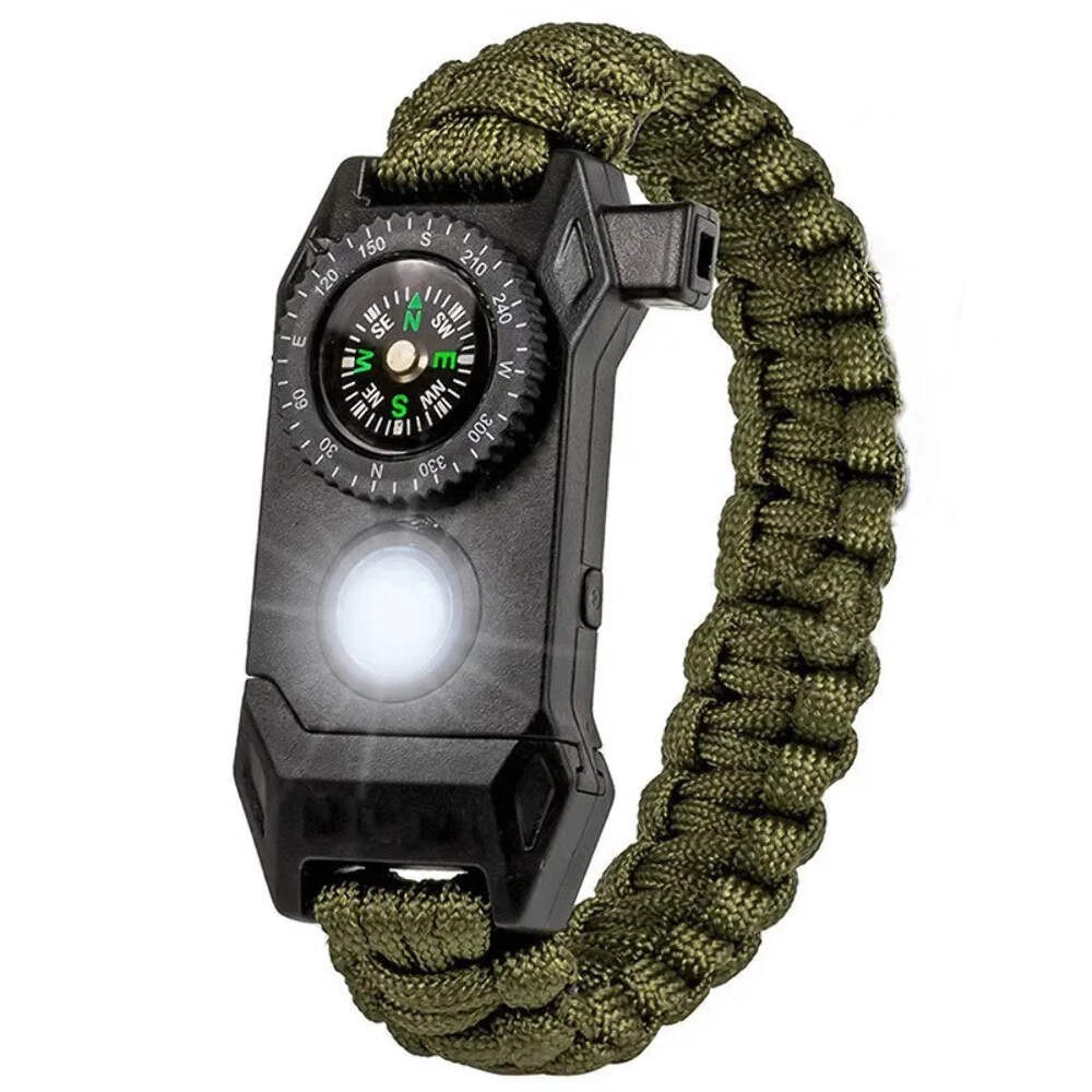 Men’s Outdoor Survival Bracelet SOS LED Light Compass Whistle Rope Camping