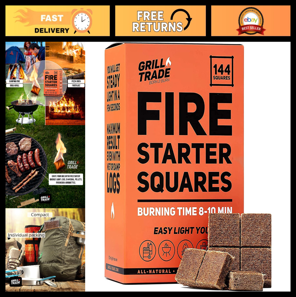 Fire Starter Squares 144 Pack – Easy BBQ Grill, Camping, Wood Stove & Smoker Fue