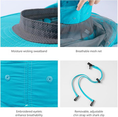 Boonie Sun Hat with Concealable Mesh Net and Neck Flap, Water Resistant Light Sk