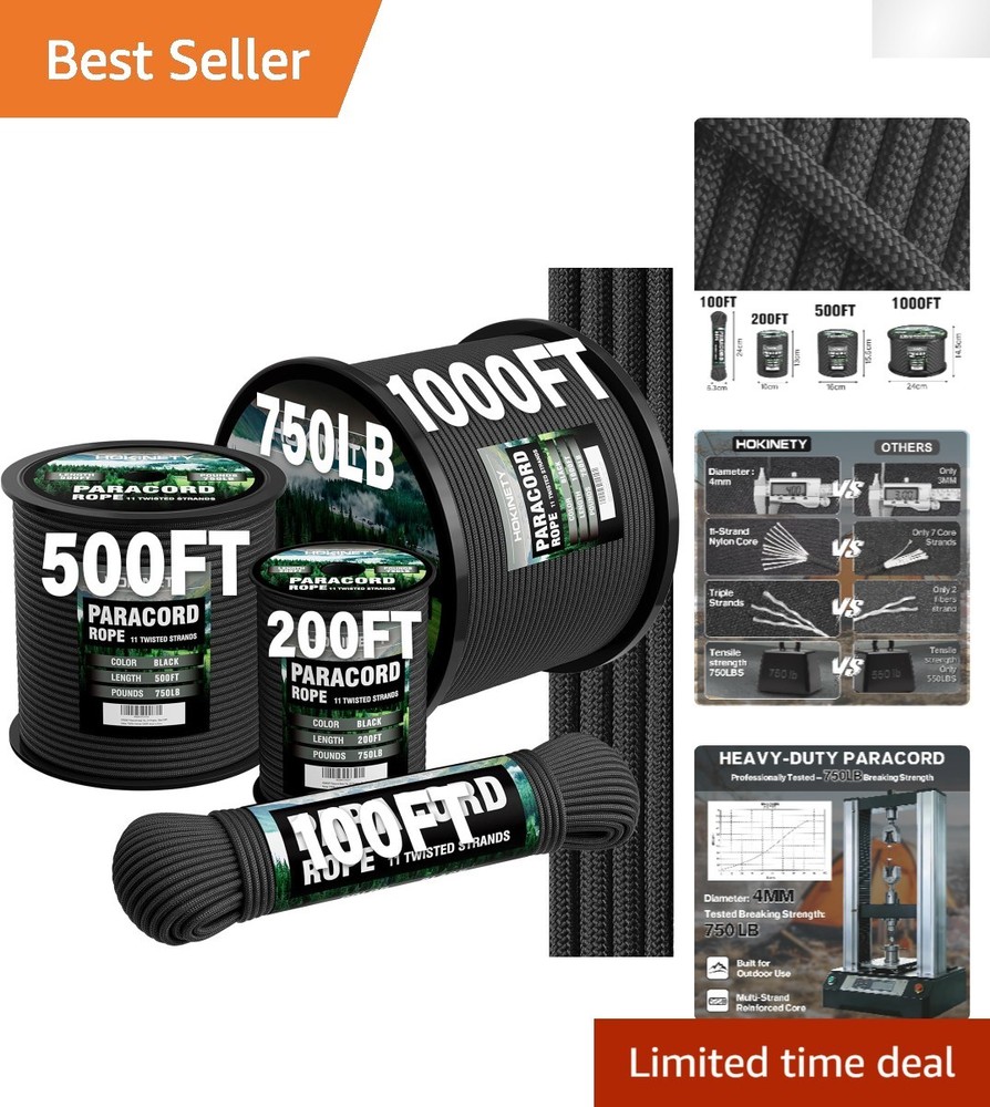 Durable 750 lb Paracord – 100ft Black Utility Rope for Crafting & Outdoor Use