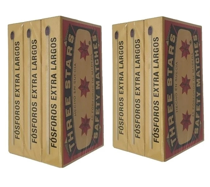 New Swedish Match Three Stars Extra Long Safety Matches 6 Packs of 45 Strike