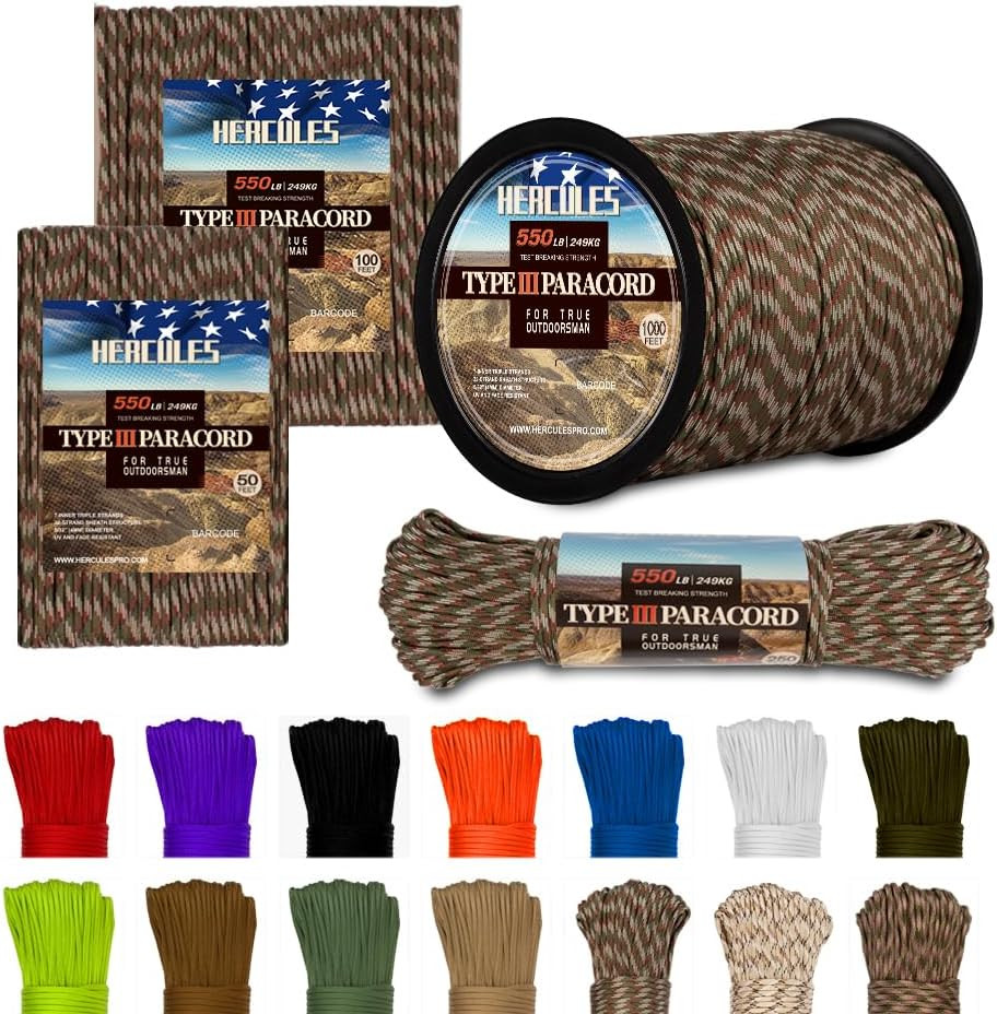 Type III Paracord 550 Paracord Rope Parachute Cord, 50′ Camo for Survival Rope,