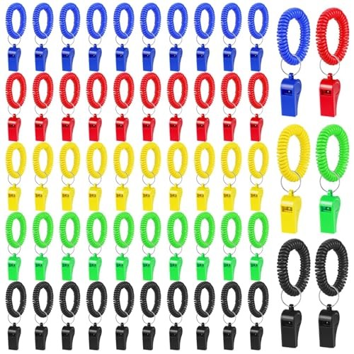 SHENLIU 50 Pcs Sport Whistle with Bracelet, Multicolor Loud Clear Plastic