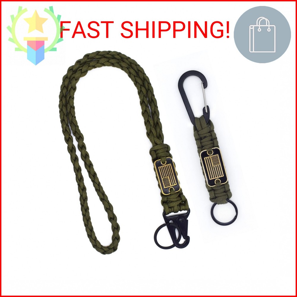 Tragdro 2 Pcs Heavy Duty Braided Paracord Lanyard Keychain with USA Flag, Parach